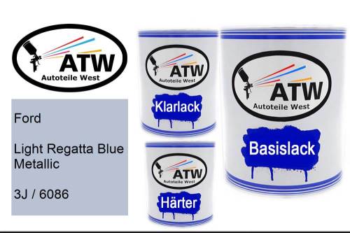 Ford, Light Regatta Blue Metallic, 3J / 6086: 1L Lackdose + 1L Klarlack + 500ml Härter - Set, von ATW Autoteile West.